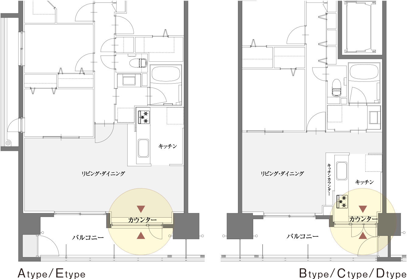 各タイプ間取図のカウンター位置